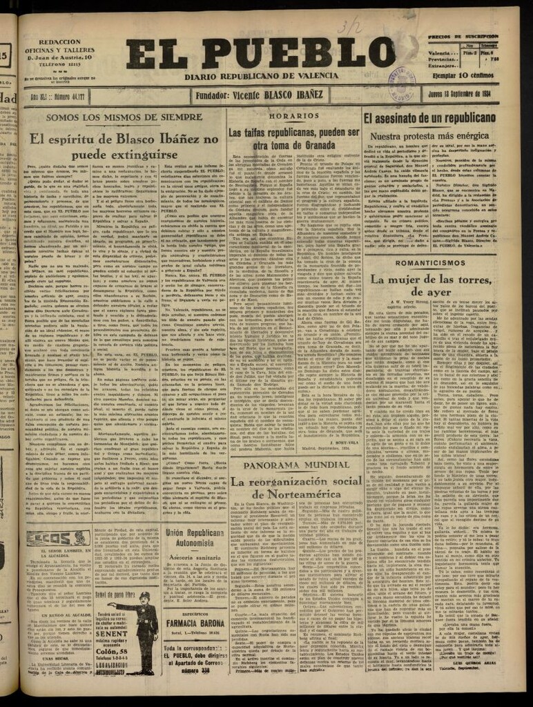 Miniatura de El Pueblo : Diario republicano de Valencia del 13 de septiembre de 1934, nº 44.177
