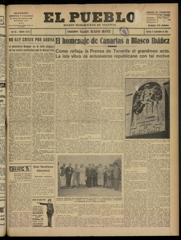 Miniatura de El Pueblo : Diario republicano de Valencia del 14 de septiembre de 1934, nº 44.178