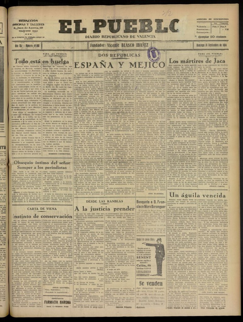 Miniatura de El Pueblo : Diario republicano de Valencia del 16 de septiembre de 1934, nº 44.180