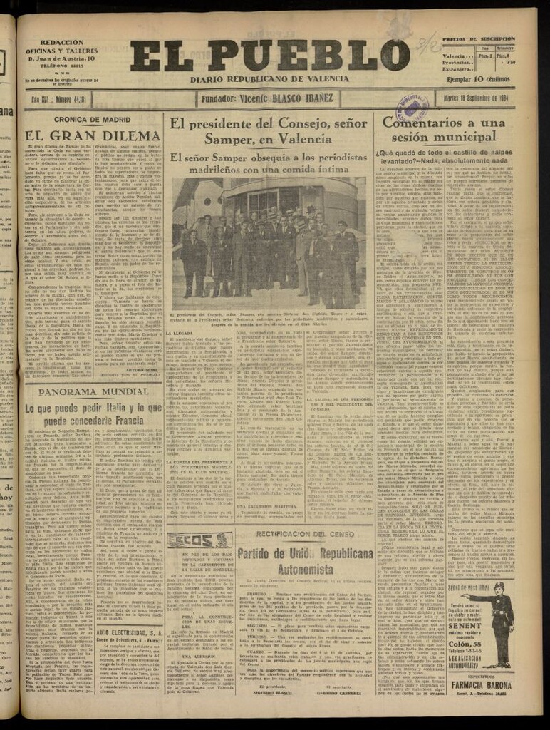 Miniatura de El Pueblo : Diario republicano de Valencia del 18 de septiembre de 1934, nº 44.181
