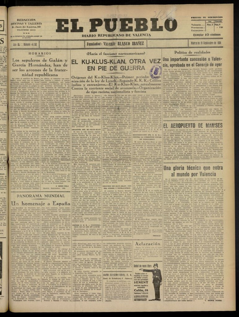 Miniatura de El Pueblo : Diario republicano de Valencia del 19 de septiembre de 1934, nº 44.182