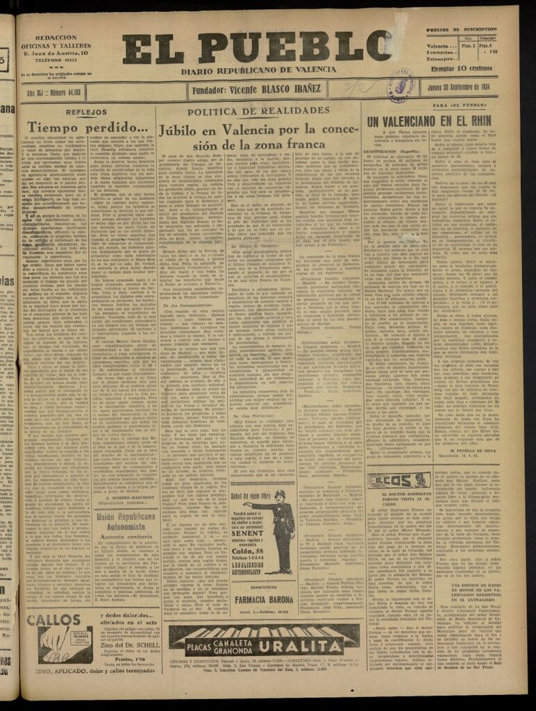 Miniatura de El Pueblo : Diario republicano de Valencia del 20 de septiembre de 1934, nº 44.183