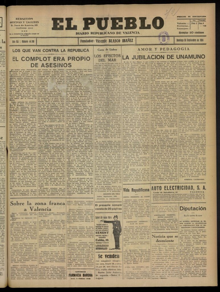 Miniatura de El Pueblo : Diario republicano de Valencia del 23 de septiembre de 1934, nº 44.186