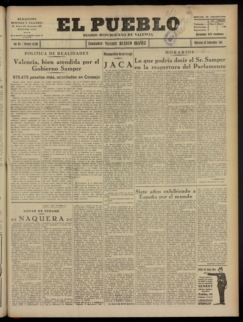 Miniatura de El Pueblo : Diario republicano de Valencia del 26 de septiembre de 1934, nº 44.188