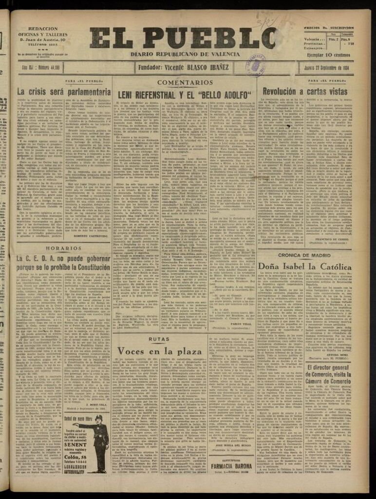 Miniatura de El Pueblo : Diario republicano de Valencia del 27 de septiembre de 1934, nº 44.189