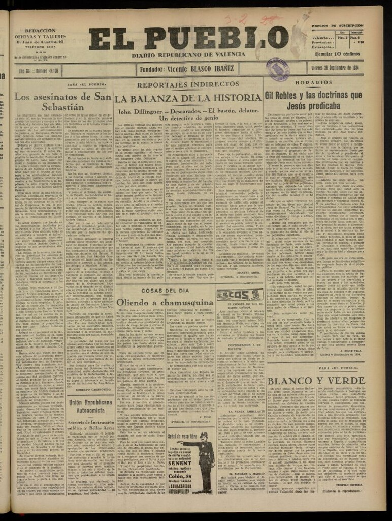Miniatura de El Pueblo : Diario republicano de Valencia del 28 de septiembre de 1934, nº 44.190