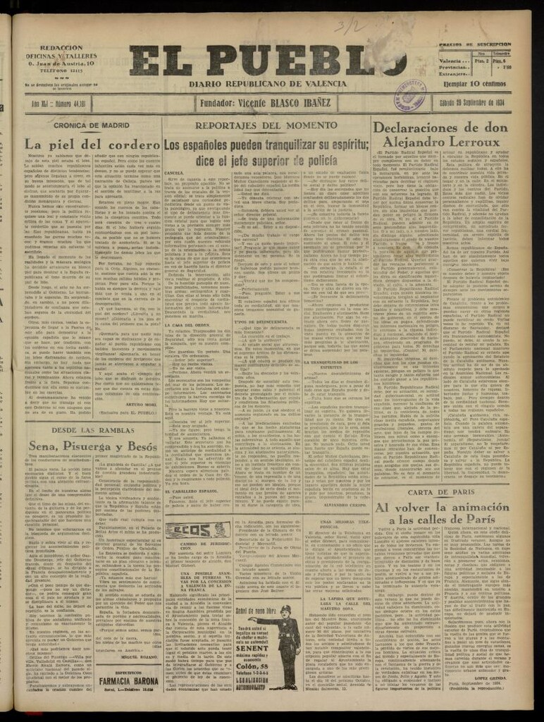 Miniatura de El Pueblo : Diario republicano de Valencia del 29 de septiembre de 1934, nº 44.191