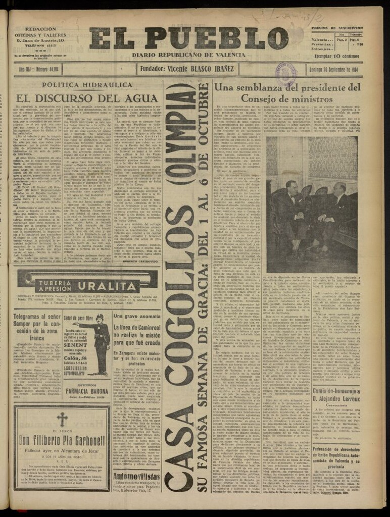Miniatura de El Pueblo : Diario republicano de Valencia del 30 de septiembre de 1934, nº 44.192