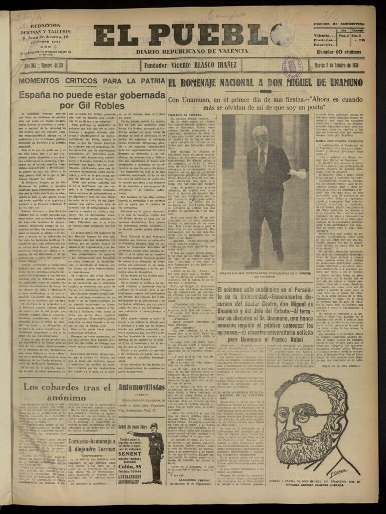 Miniatura de El Pueblo : Diario republicano de Valencia del 2 de octubre de 1934, nº44.193