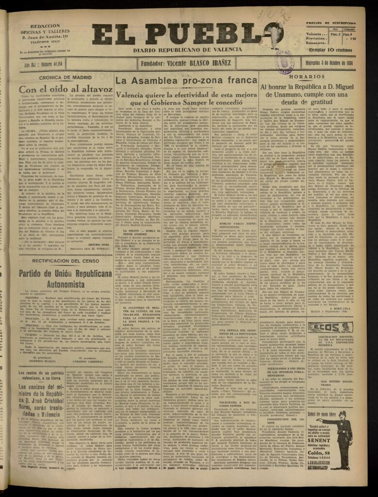 Miniatura de El Pueblo : Diario republicano de Valencia del 3 de octubre de 1934, nº 44.194