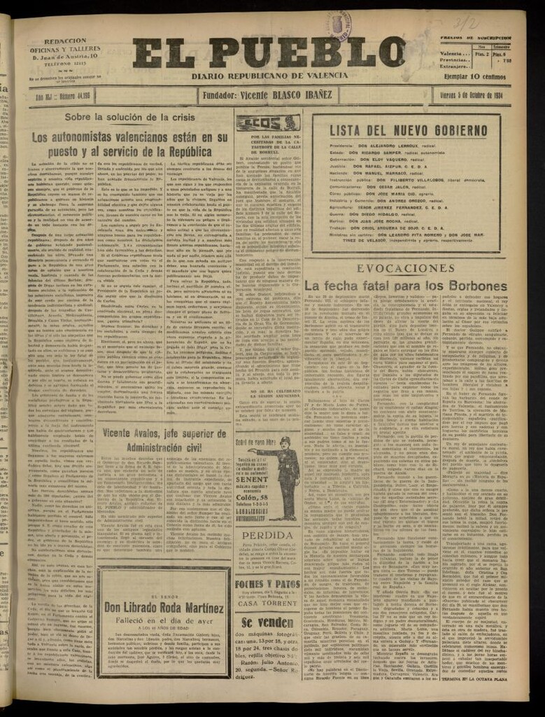 Miniatura de El Pueblo : Diario republicano de Valencia del 5 de octubre de 1934, nº 44.196