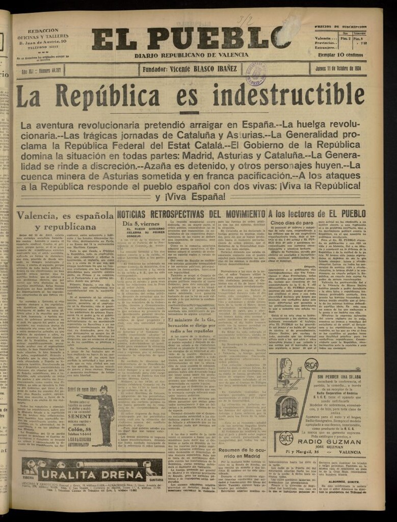 Miniatura de El Pueblo : Diario republicano de Valencia del 11 de octubre de 1934, nº 44.197
