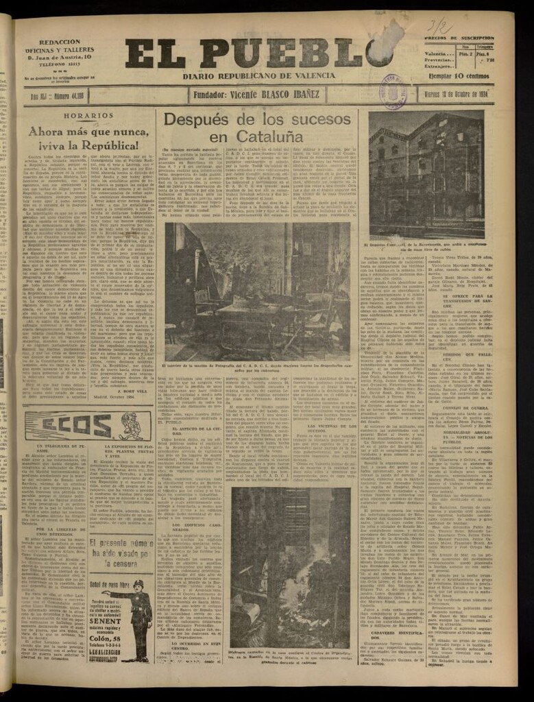 Miniatura de El Pueblo : Diario republicano de Valencia del 12 de octubre de 1934, nº 44.198