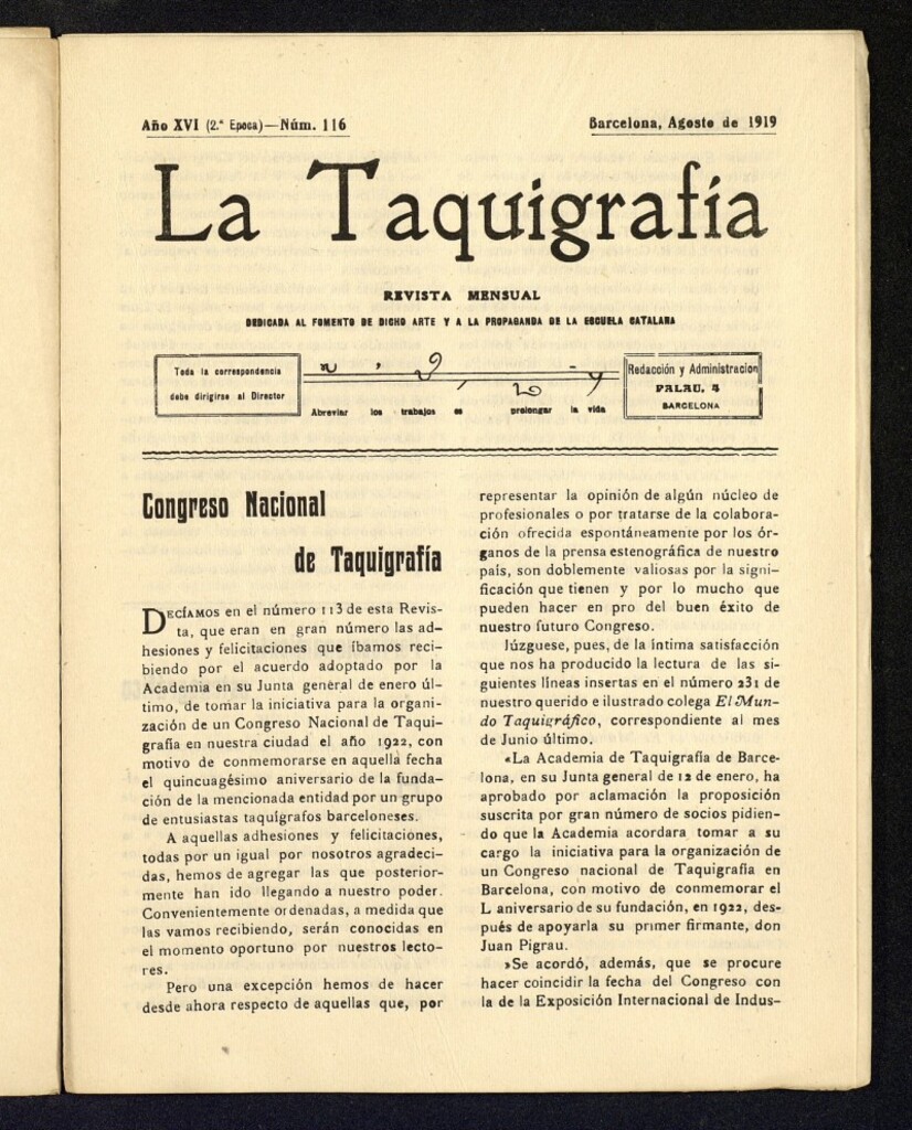 Miniatura de La Taquigrafía. Agosto de 1919, nº 116