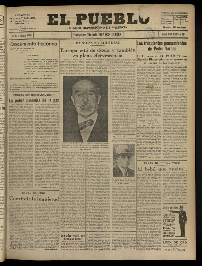Miniatura de El Pueblo : Diario republicano de Valencia del 13 de octubre de 1934, nº 44.199