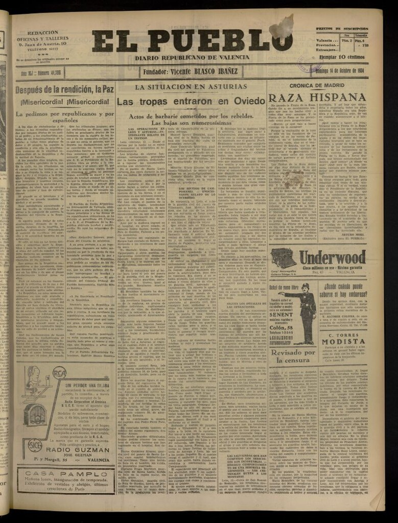 Miniatura de El Pueblo : Diario republicano de Valencia del 14 de octubre de 1934, nº 44.200