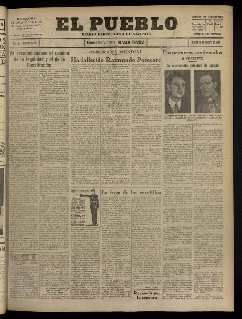 Miniatura de El Pueblo : Diario republicano de Valencia del 16 de octubre de 1934, nº 44.201