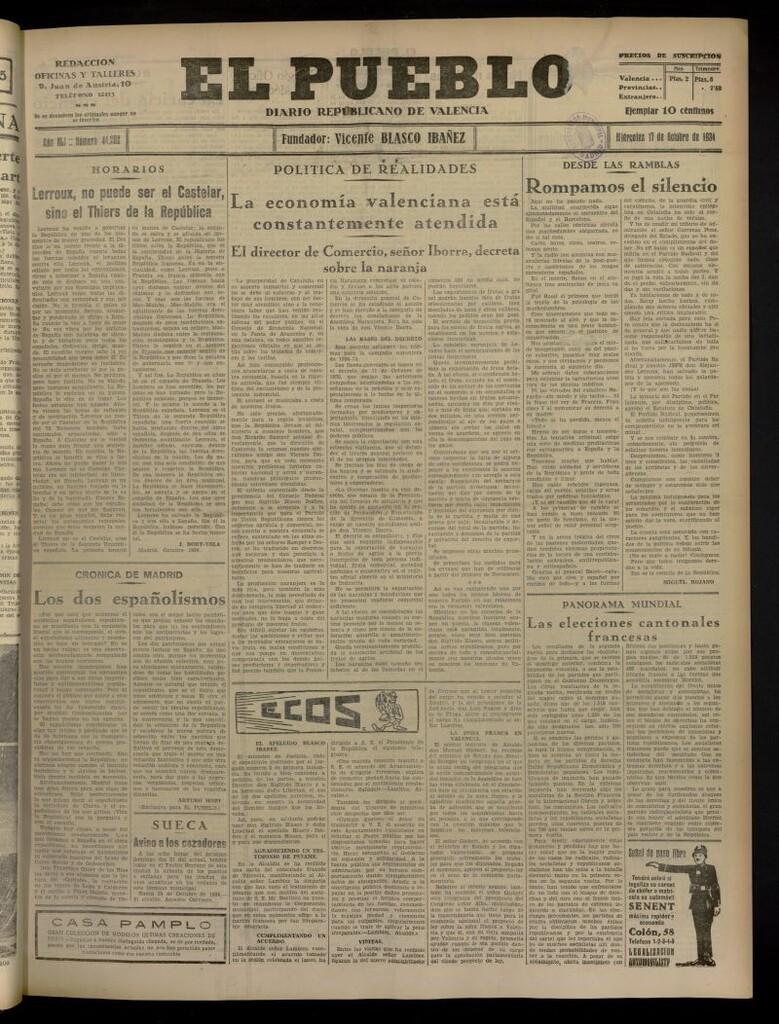 Miniatura de El Pueblo : Diario republicano de Valencia del 17 de octubre de 1934, nº 44.202