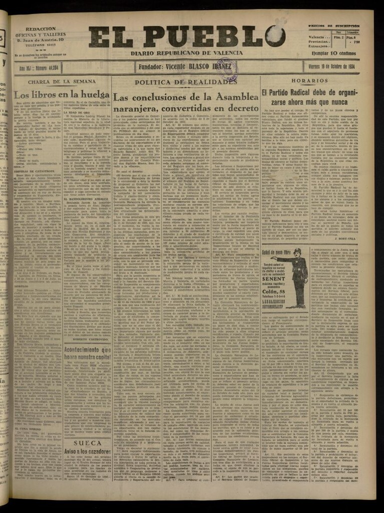 Miniatura de El Pueblo : Diario republicano de Valencia del 19 de octubre de 1934, nº 44.204