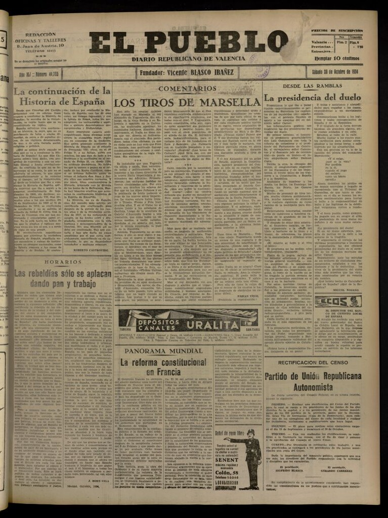 Miniatura de El Pueblo : Diario republicano de Valencia del 20 de octubre de 1934, nº 44.205