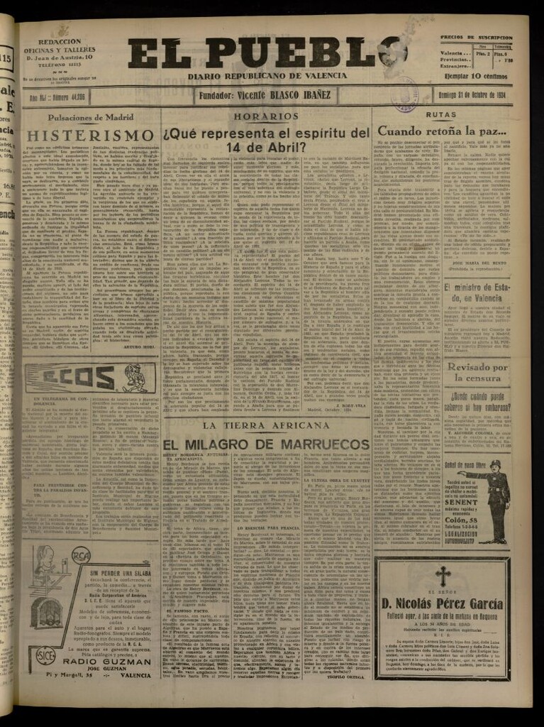 Miniatura de El Pueblo : Diario republicano de Valencia del 21 de octubre de 1934, nº 44.206