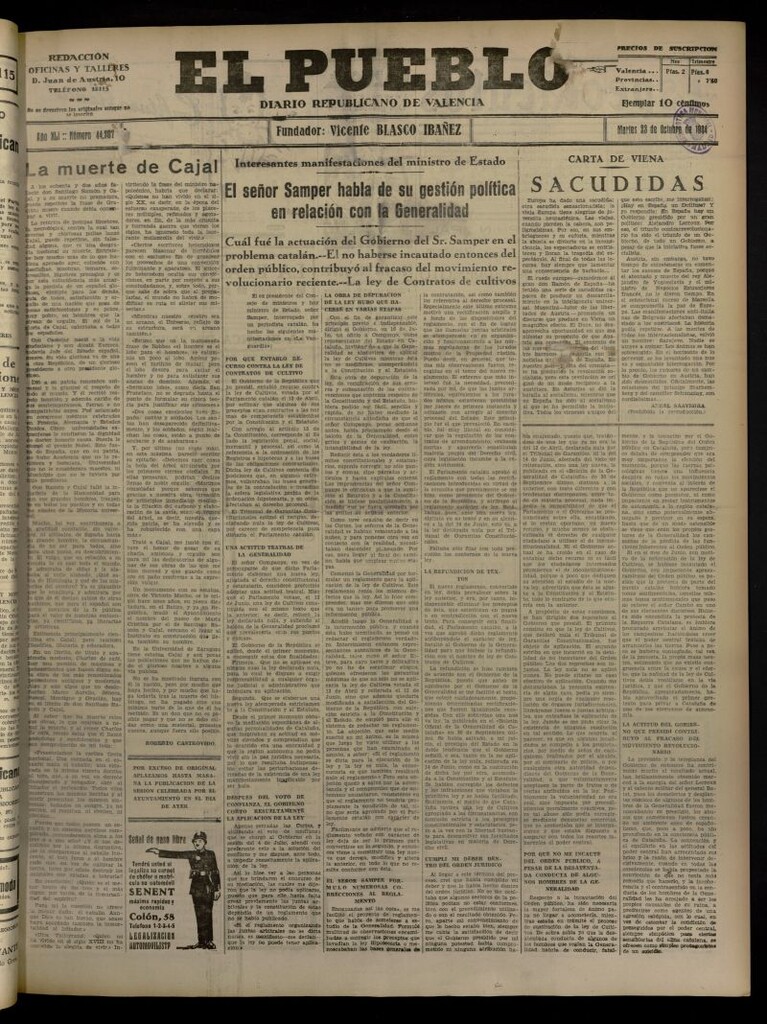 Miniatura de El Pueblo : Diario republicano de Valencia del 23 de octubre de 1934, nº 44.207