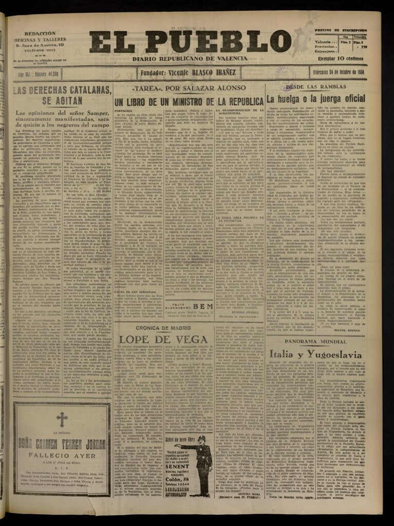 Miniatura de El Pueblo : Diario republicano de Valencia del 24 de octubre de 1934, nº 44.208