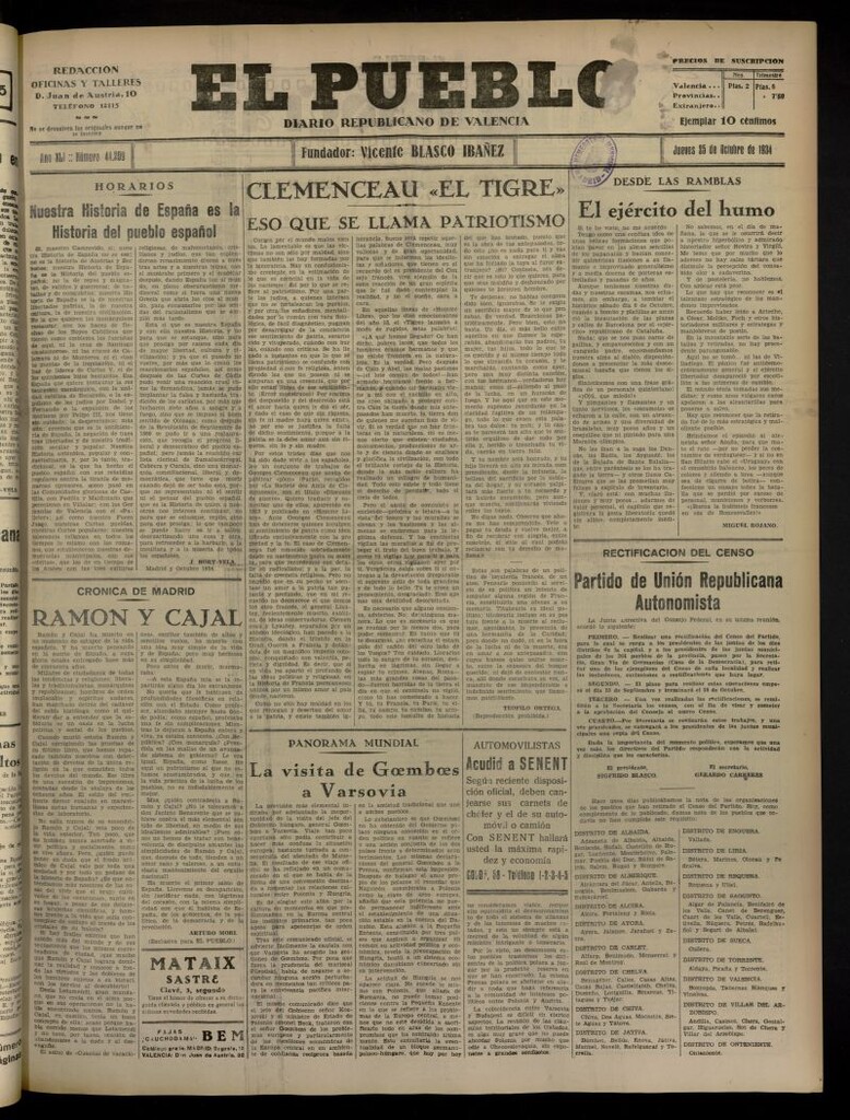 Miniatura de El Pueblo : Diario republicano de Valencia del 25 de octubre de 1934, nº 44.209