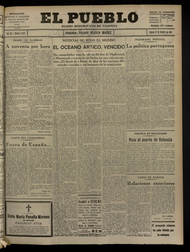 Miniatura de El Pueblo : Diario republicano de Valencia del 27 de octubre de 1934, nº 44.211