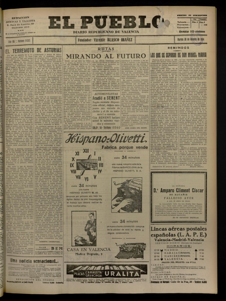 Miniatura de El Pueblo : Diario republicano de Valencia del 30 de octubre de 1934, nº 14.513