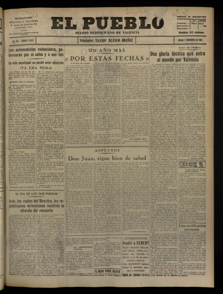 Miniatura de El Pueblo : Diario republicano de Valencia del 1 de noviembre de 1934, nº 14.515