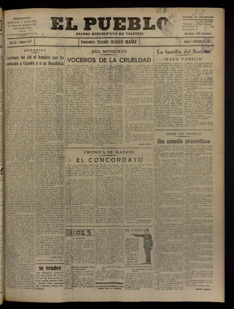Miniatura de El Pueblo : Diario republicano de Valencia del 3 de noviembre de 1934, nº 14.517