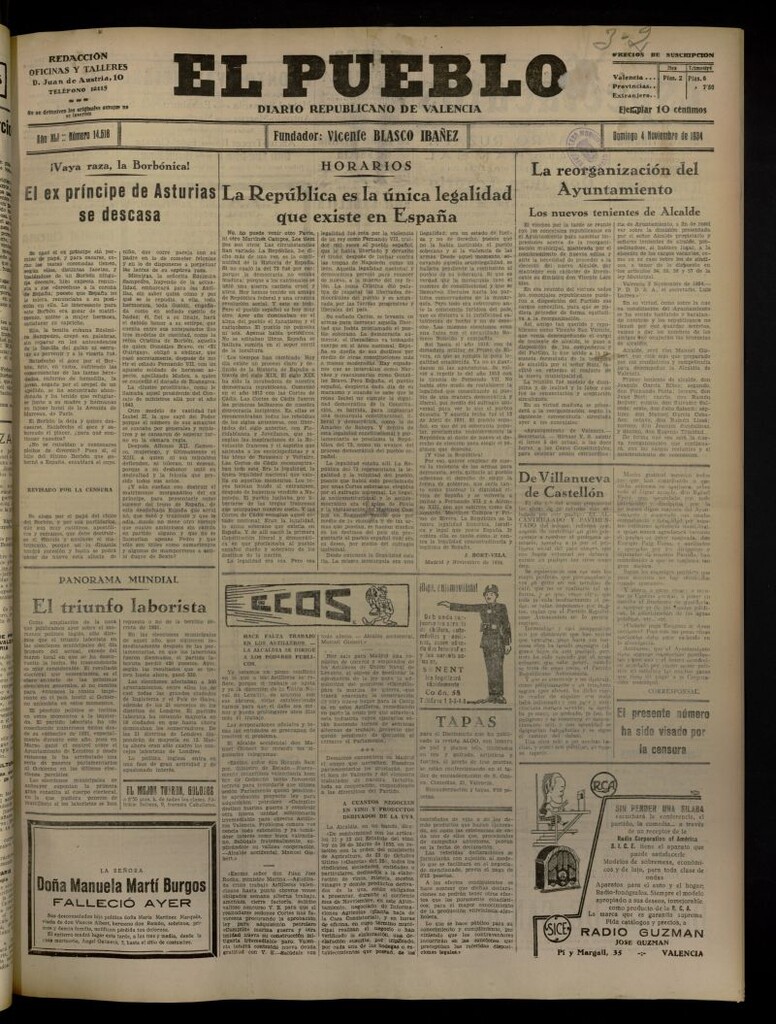 Miniatura de El Pueblo : Diario republicano de Valencia del 4 de noviembre de 1934, nº 14.518
