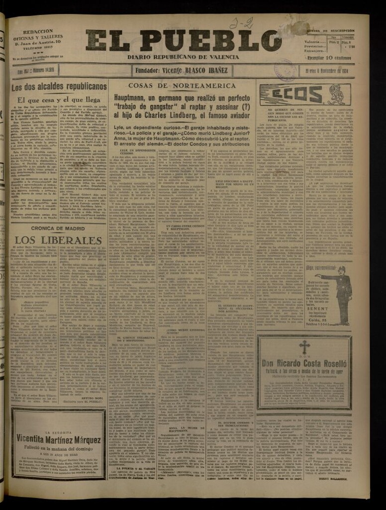 Miniatura de El Pueblo : Diario republicano de Valencia del 6 de noviembre de 1934, nº 14.519