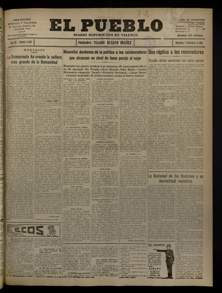 Miniatura de El Pueblo : Diario republicano de Valencia del 7 de noviembre de 1934, nº 14.520