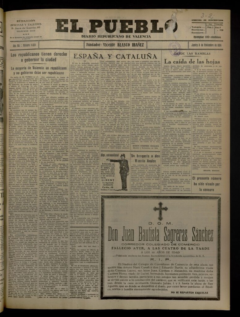 Miniatura de El Pueblo : Diario republicano de Valencia del 8 de noviembre de 1934, nº 14.521