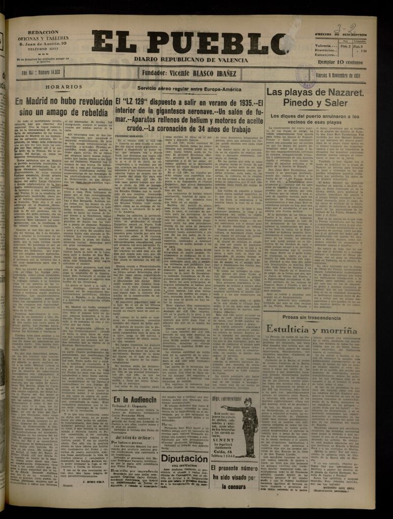 Miniatura de El Pueblo : Diario republicano de Valencia del 9 de noviembre de 1934, nº 14.522