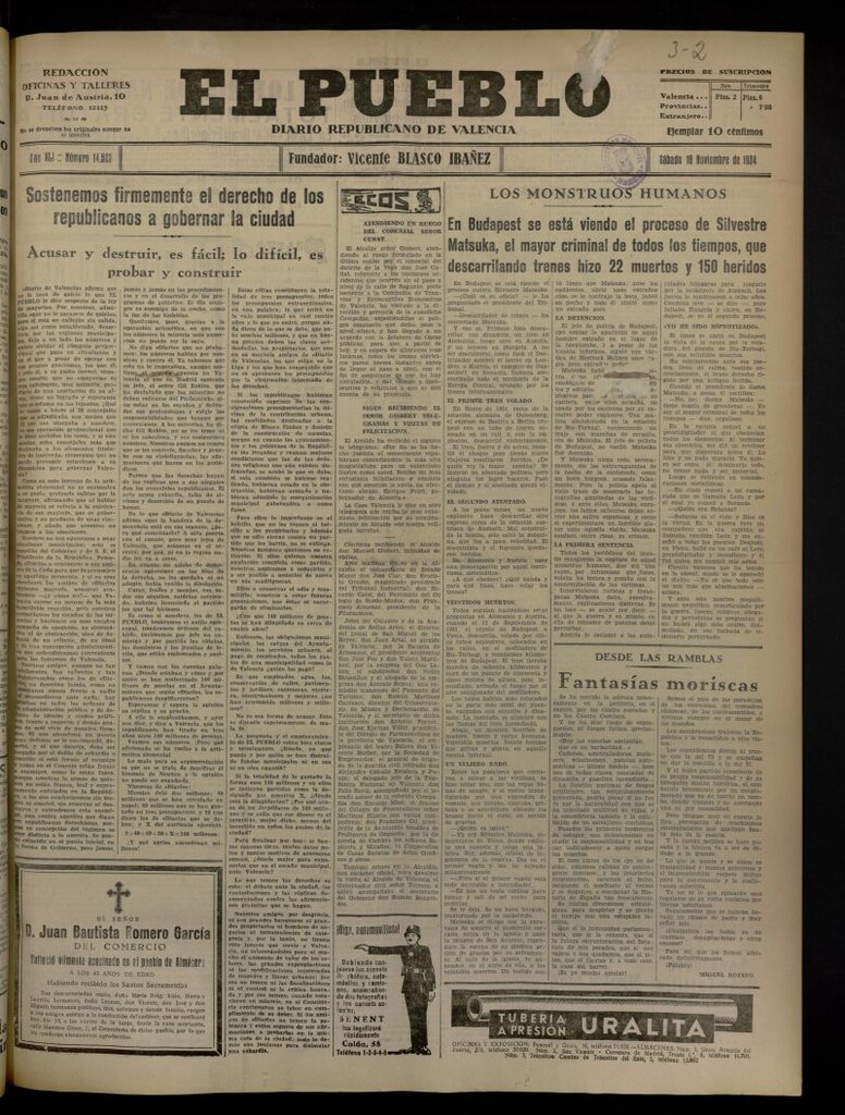 Miniatura de El Pueblo : Diario republicano de Valencia del 10 de noviembre de 1934, nº 14.523