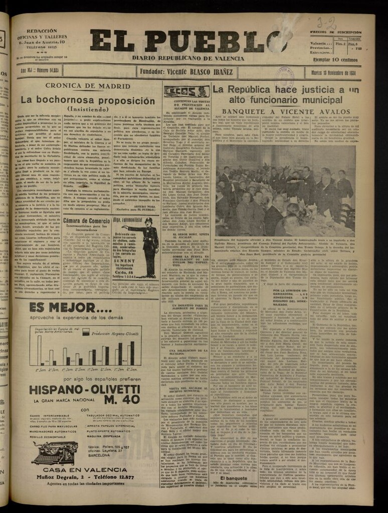 Miniatura de El Pueblo : Diario republicano de Valencia del 13 de noviembre de 1934, nº 14.525