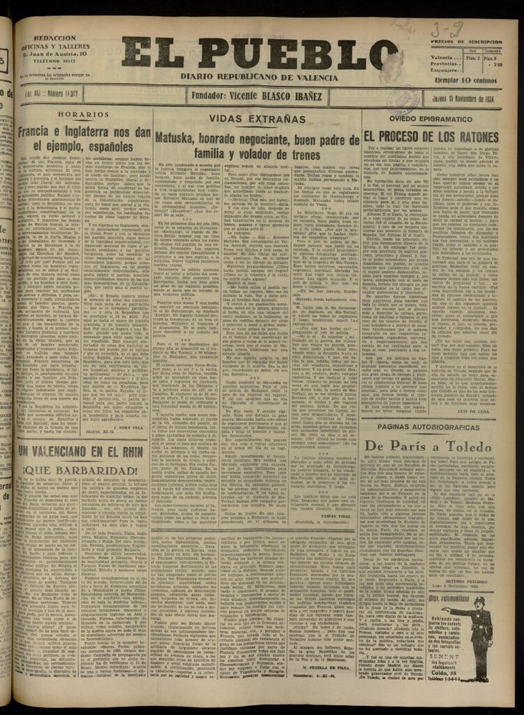 Miniatura de El Pueblo : Diario republicano de Valencia del 15 de noviembre de 1934, nº 14.527