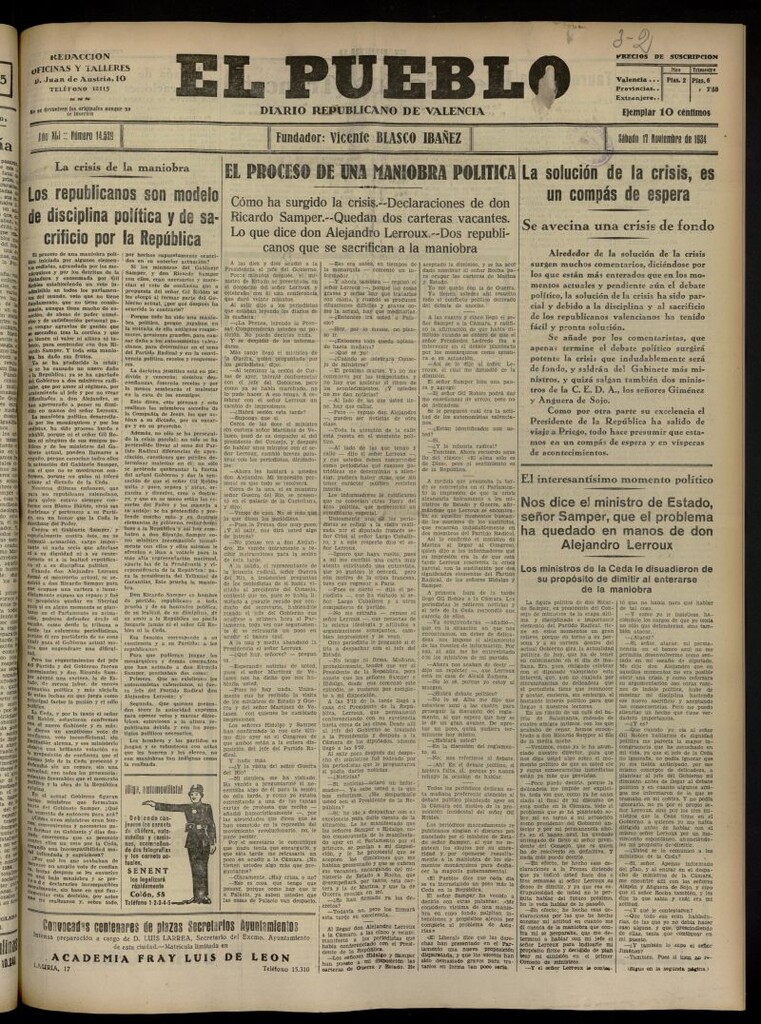Miniatura de El Pueblo : Diario republicano de Valencia del 17 de noviembre de 1934, nº 14.529