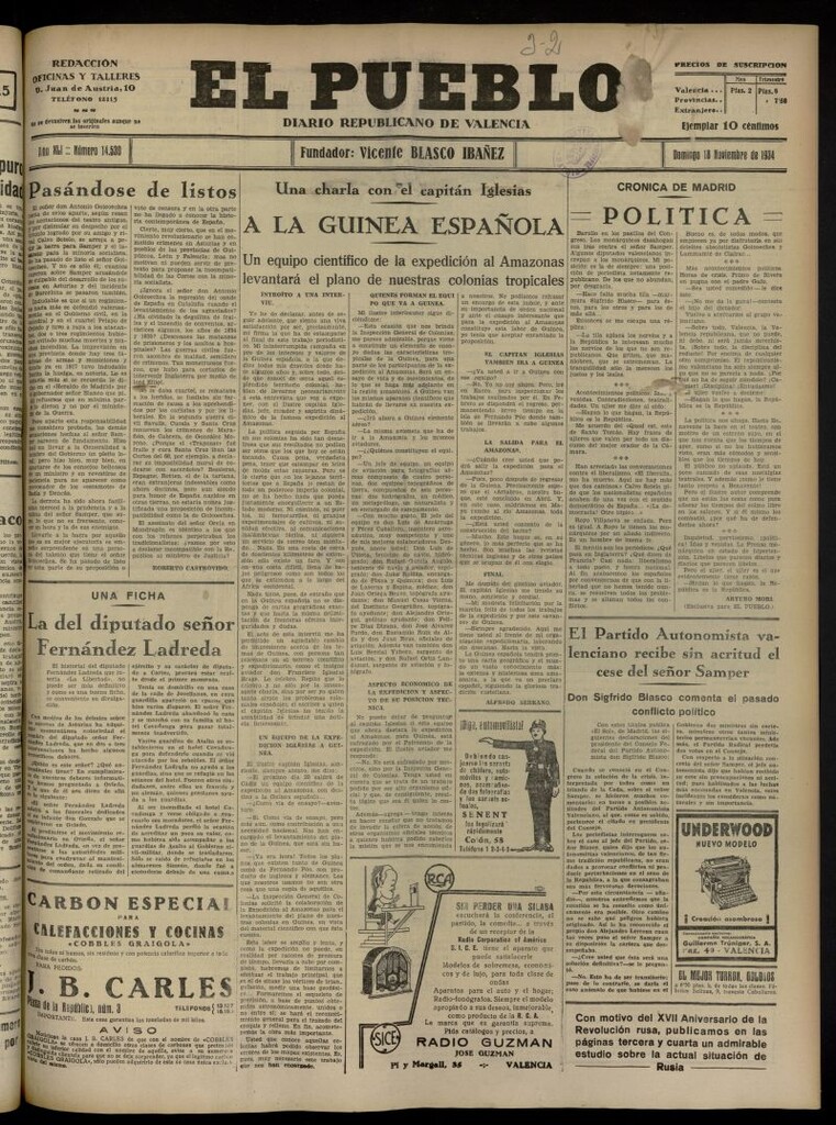 Miniatura de El Pueblo : Diario republicano de Valencia del 18 de noviembre de 1934, nº 14.530