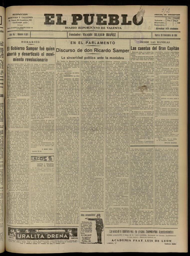 Miniatura de El Pueblo : Diario republicano de Valencia del 20 de noviembre de 1934, nº 14.531