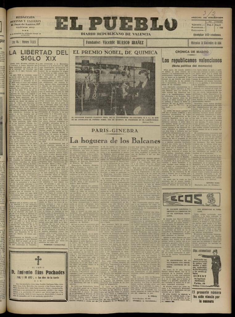 Miniatura de El Pueblo : Diario republicano de Valencia del 21 de noviembre de 1934, nº 14.532
