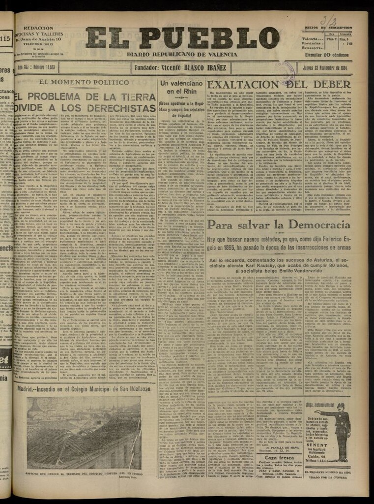 Miniatura de El Pueblo : Diario republicano de Valencia del 22 de noviembre de 1934, nº 14.533