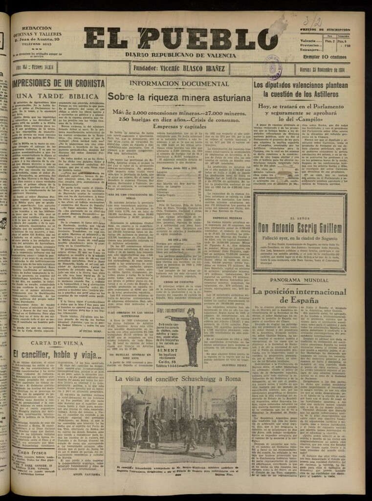 Miniatura de El Pueblo : Diario republicano de Valencia del 23 de noviembre de 1934, nº 14.534