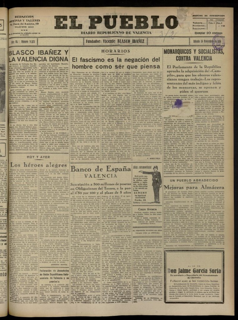 Miniatura de El Pueblo : Diario republicano de Valencia del 24 de noviembre de 1934, nº 14.535