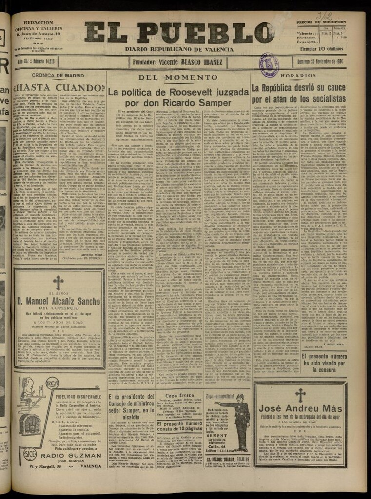 Miniatura de El Pueblo : Diario republicano de Valencia del 25 de noviembre de 1934, nº 14.536