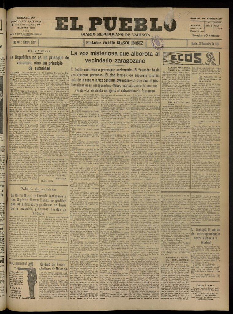 Miniatura de El Pueblo : Diario republicano de Valencia del 27 de noviembre de 1934, nº 14.537