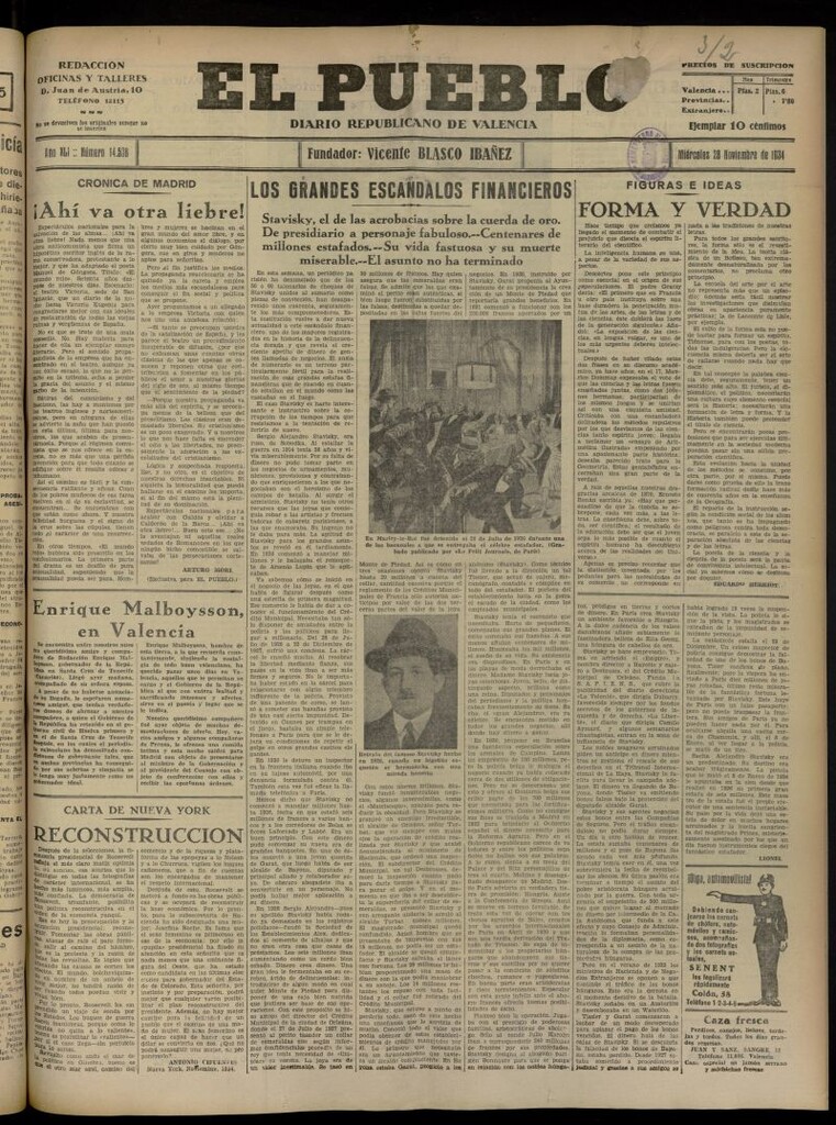 Miniatura de El Pueblo : Diario republicano de Valencia del 28 de noviembre de 1934, nº 14.538